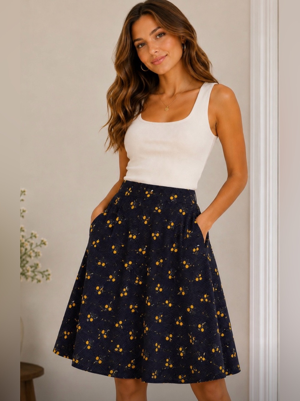 Tulip B Navy A-Line Skirt with Yellow Cherry Print
